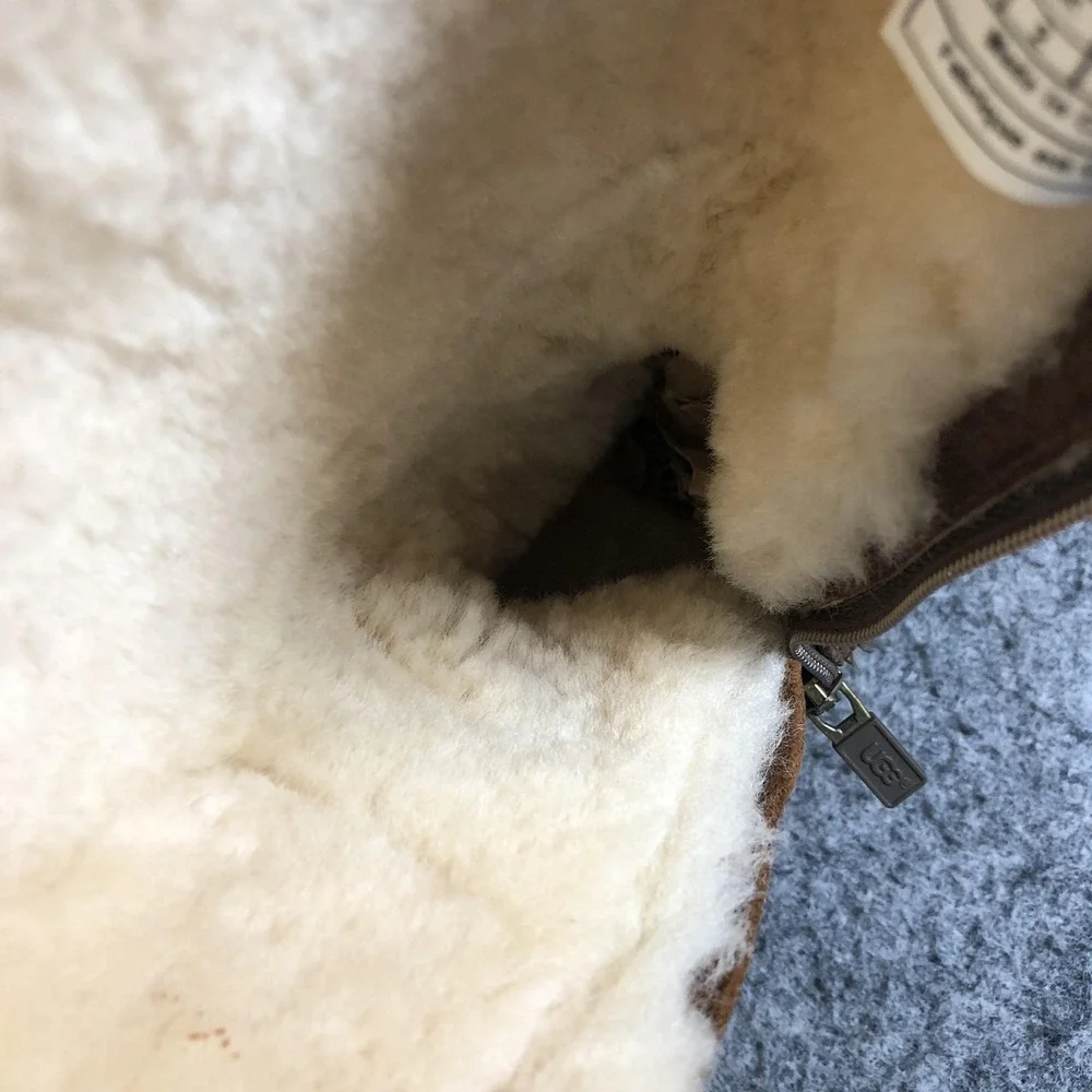 UGG Shearling Boots Girls 3 Brown Leather Zip Buckle Lined 1969 Mid Calf Winter